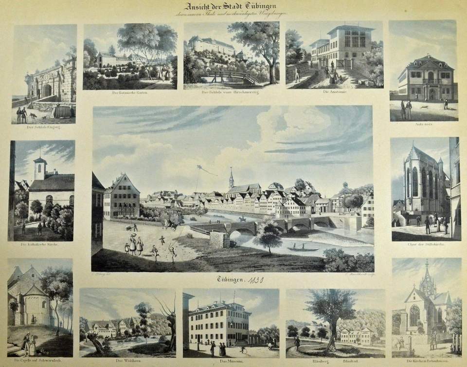 Gruppenstich mit 12 Rahmenbildern Ansicht der Stadt Tübingen 1830