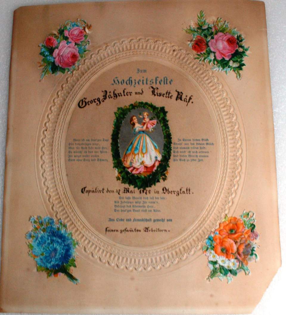 Hochzeitsandenken "Zähnler - Näf", Oberglatt bei Flawil, 1872