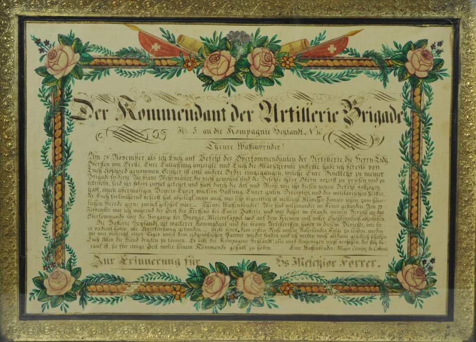 Anerkennungstableau für Artillerist Melchior Forrer zur Erinnerung an Sonderbundskrieg