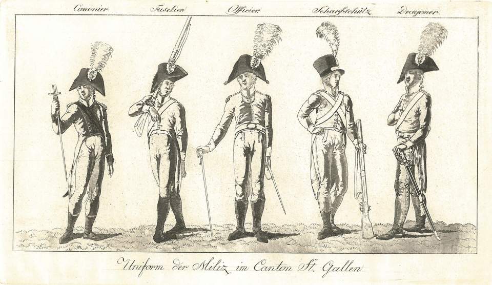 Grafik, Soldatenbild, Uniform der Miliz im Kanton St.Gallen
