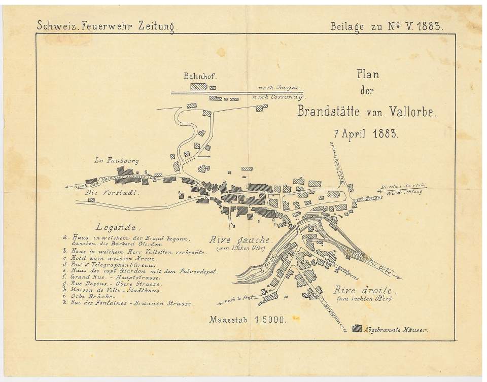 Plan der Brandstätte von Vallorbe aus der Schweizerischen Feuerwehrzeitung 1883