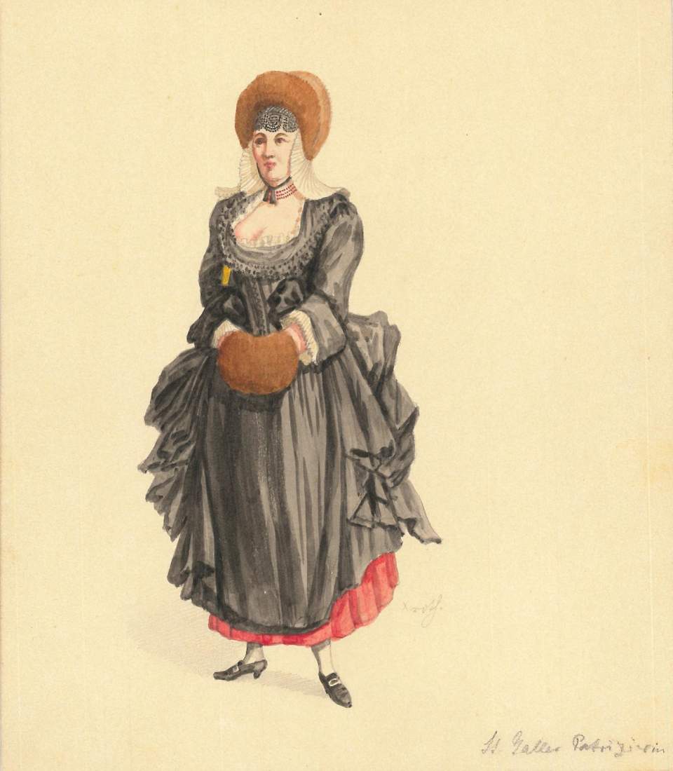Trachtenbild, Frau in Stadt-St. Galler Tracht
