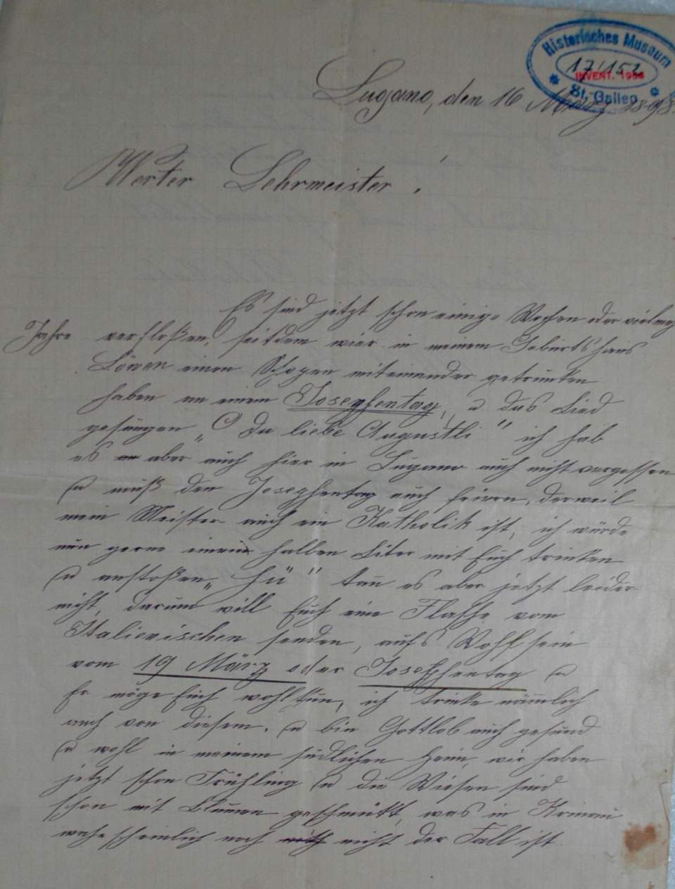 Brief eines  Lehrlings an seinen Lehrmeister, 1898 aus Lugano