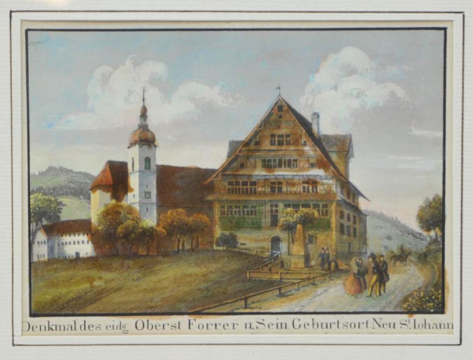 Ansicht Neu St. Johann und Denkmal Oberst Forrer
