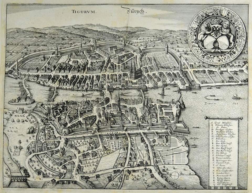 Ansicht Zürich von Westen: Tigurum. Zürych, um 1654