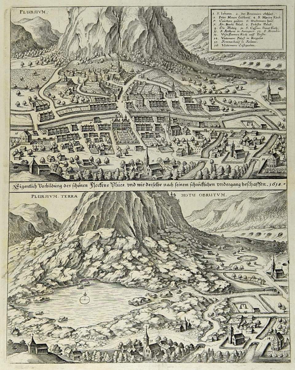 Ansicht Plurs vor und nach dem Bergsturz von 1618